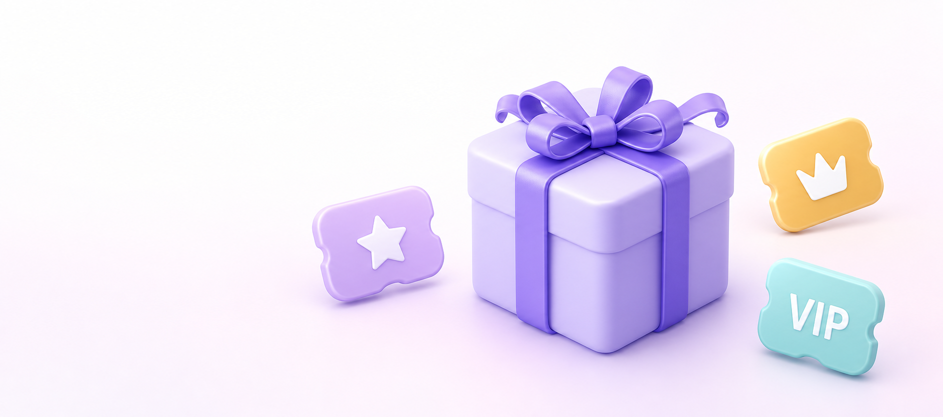 Purple gift box surrounded by collectible membership badges